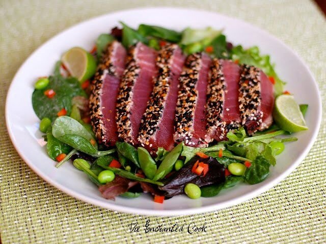 Spicy Seared Ahi Tuna Salad with Sesame Ginger Dressing recipe