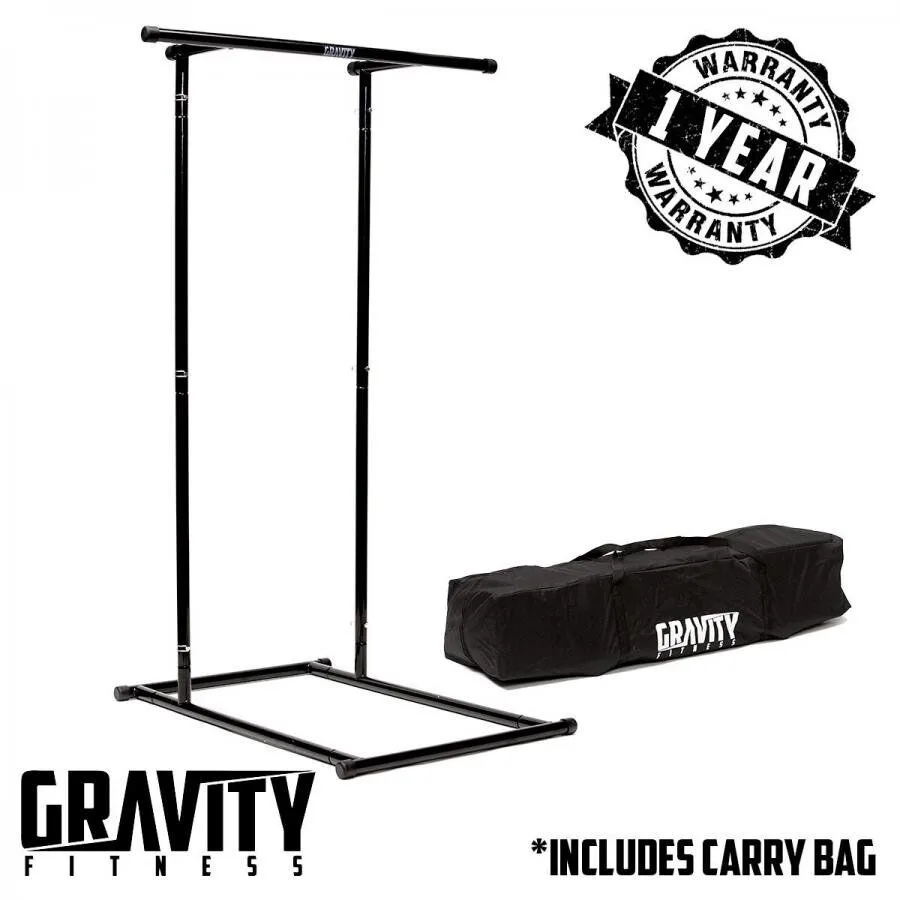 Freestanding Gravity Fitness pull-up rack with sturdy black metal frame, included carrying bag, and 1-year warranty seal.