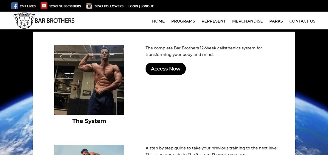 Bar Brothers 12-week calisthenics program overview screenshot featuring structured training system