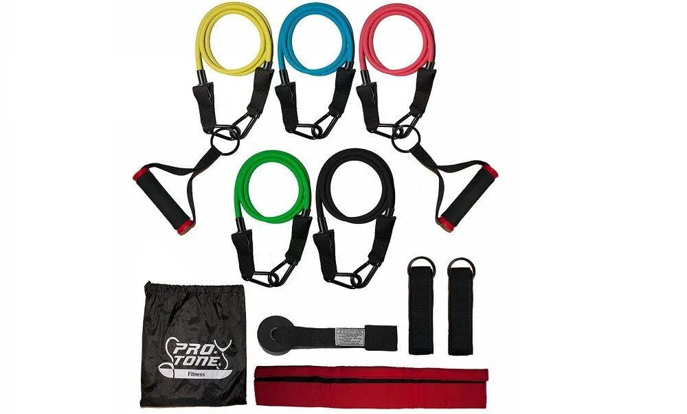 Protone resistance bands set - 5 tube set with handles, door anchor, ankle straps and carry bag for home fitness / travel fitness / strength