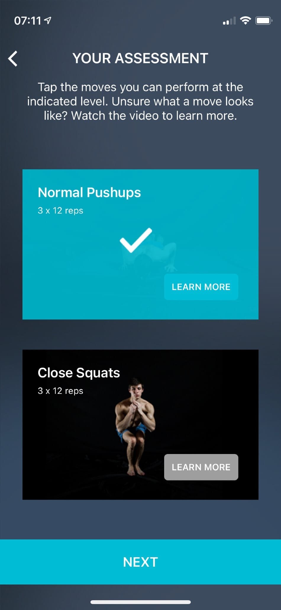 Calisthenics-Assessment-App-Pushups-Squats-Exercise-Tracking-Interface Calisthenics assessment app showing completed normal pushups exercise (3 x 12 reps) and close squats exercise with progress tracking interface