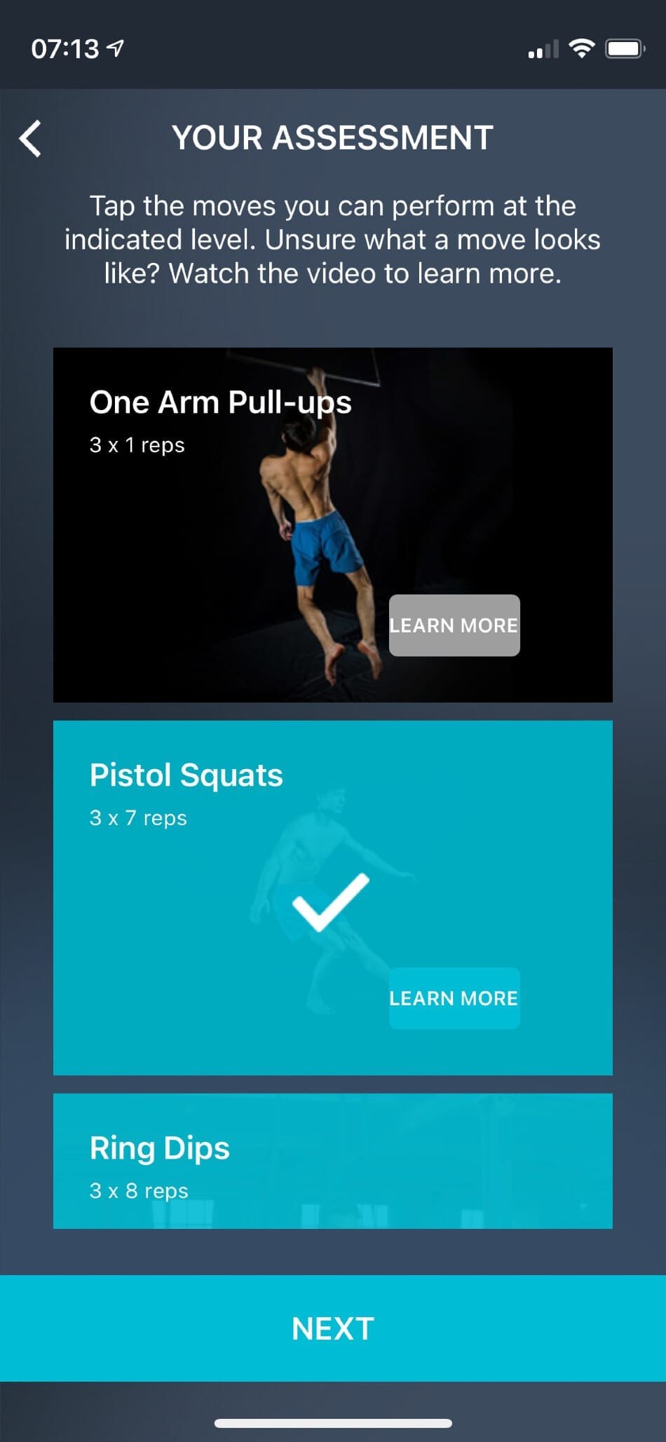 Movement-Athlete-Assessment-Calisthenics-App-Advanced-Exercises-Tracking Calisthenics assessment app showing advanced exercises including one-arm pull-ups, pistol squats, and ring dips with progress tracking interface