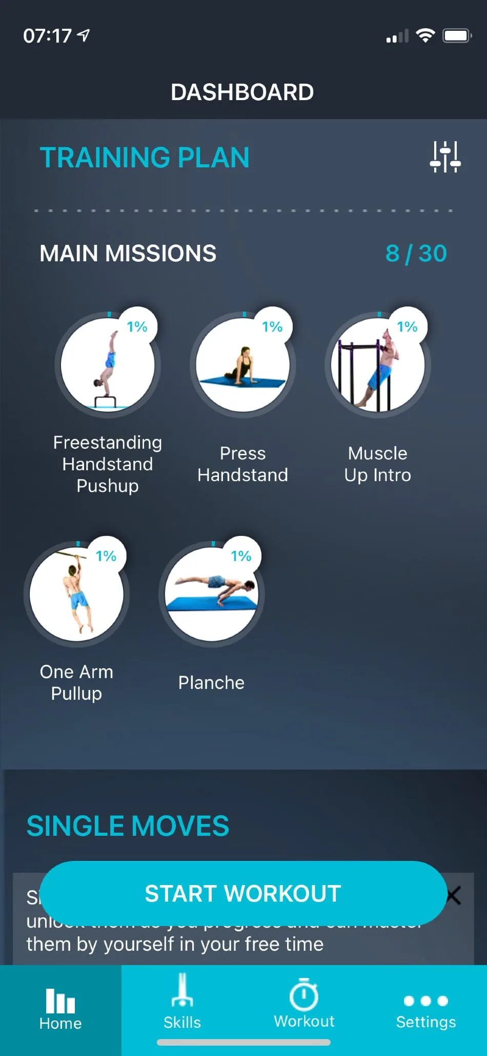 Calisthenics training app dashboard showing main missions including handstand, press handstand, muscle up, one arm pullup, and planche exercises with progress tracker