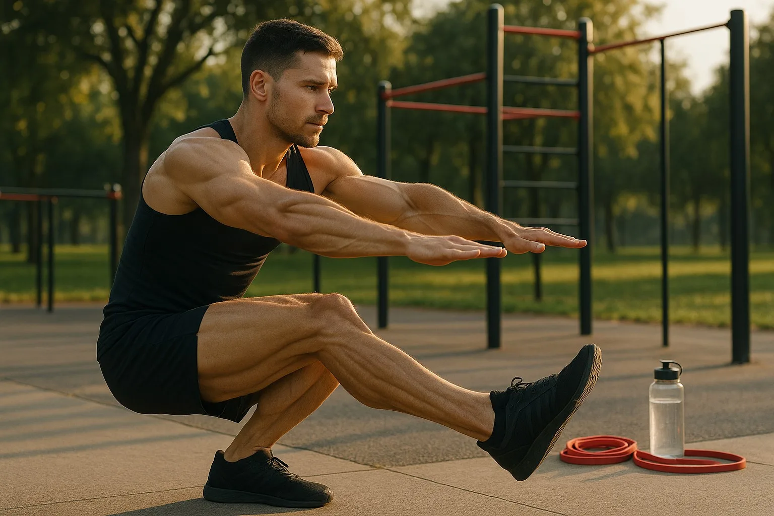 Athlete demonstrating perfect pistol squat form during outdoor calisthenics workout at sunset, with exercise equipment in background