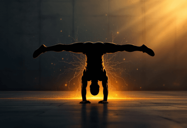 Athlete performing a handstand with dynamic lighting effects, demonstrating strength, balance, and control in advanced calisthenics training