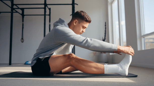 Man performing seated hamstring stretch on yoga mat in gym with proper form for calisthenics recovery and flexibility training