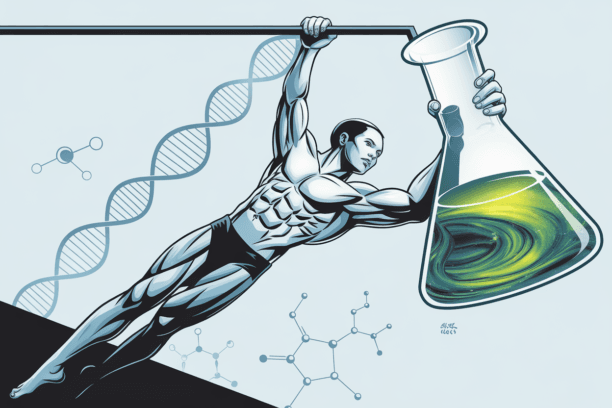 Illustration of muscular figure holding laboratory flask, DNA strand, and molecular structures representing the science of muscle hypertrophy in calisthenics