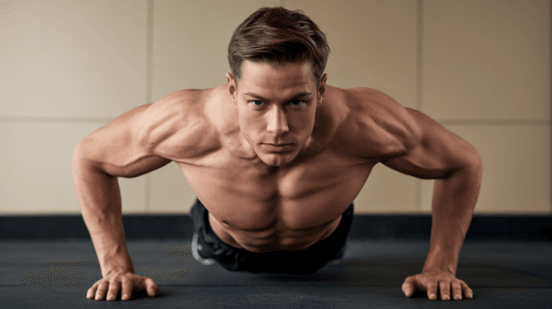 Proper push-up form demonstration showing perfect chest muscle engagement and body alignment