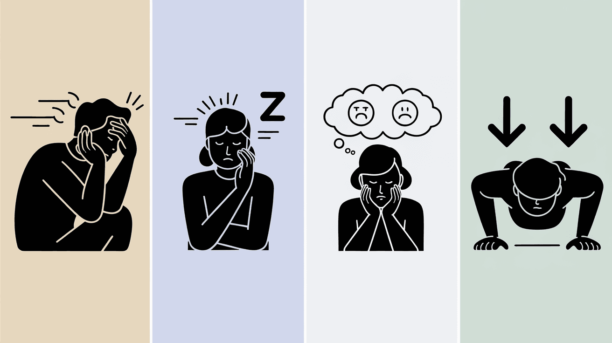 Four-panel infographic showing signs of insufficient recovery: fatigue illustration, sleep deprivation symbol, mood changes indicator, and decreased exercise performance icon in minimalist black design