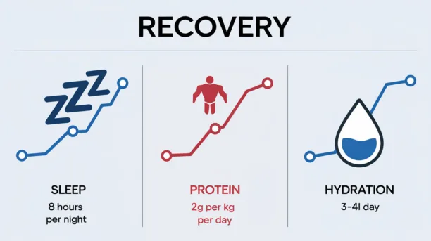 Recovery essentials infographic showing sleep (8 hours), protein intake (2g/kg), and hydration (3-4L) requirements for muscle growth