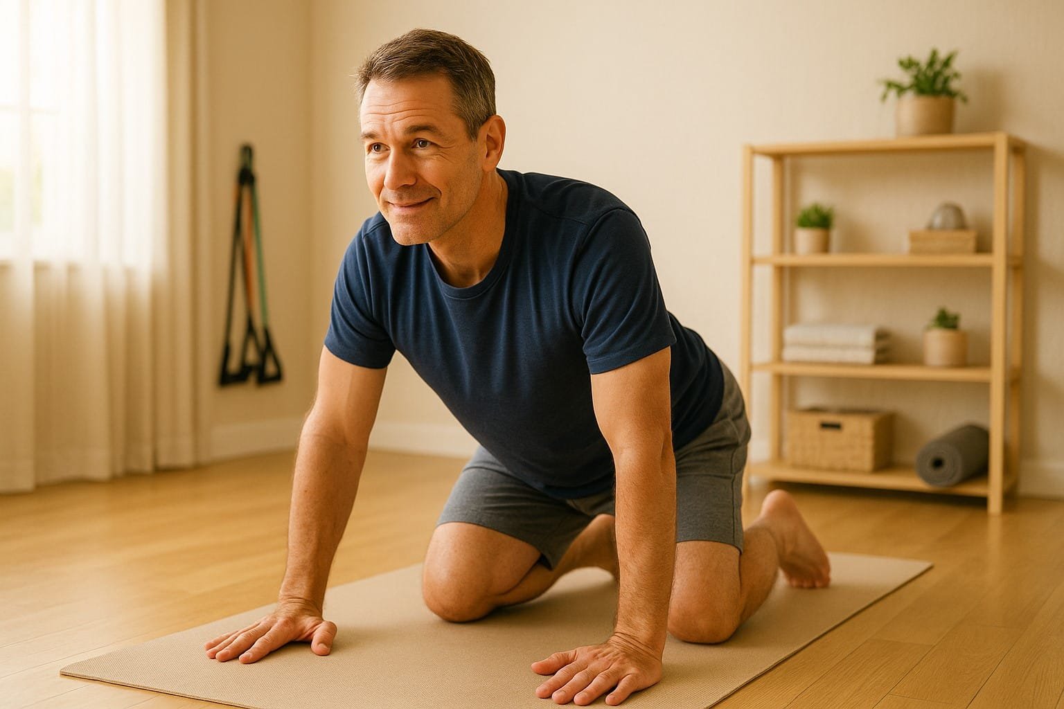 Fit man in his 40s demonstrating proper modified push-up form on a yoga mat in a bright home setting, wearing navy t-shirt and gray shorts, perfect for beginners starting calisthenics