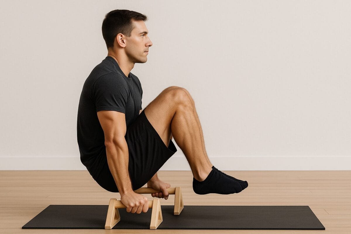 Man demonstrating tucked L-sit position on wooden parallettes with proper form