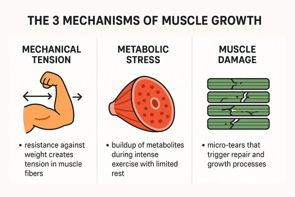 Infographic showing three mechanisms of muscle growth: mechanical tension, metabolic stress, and muscle damage with visual representations of each process