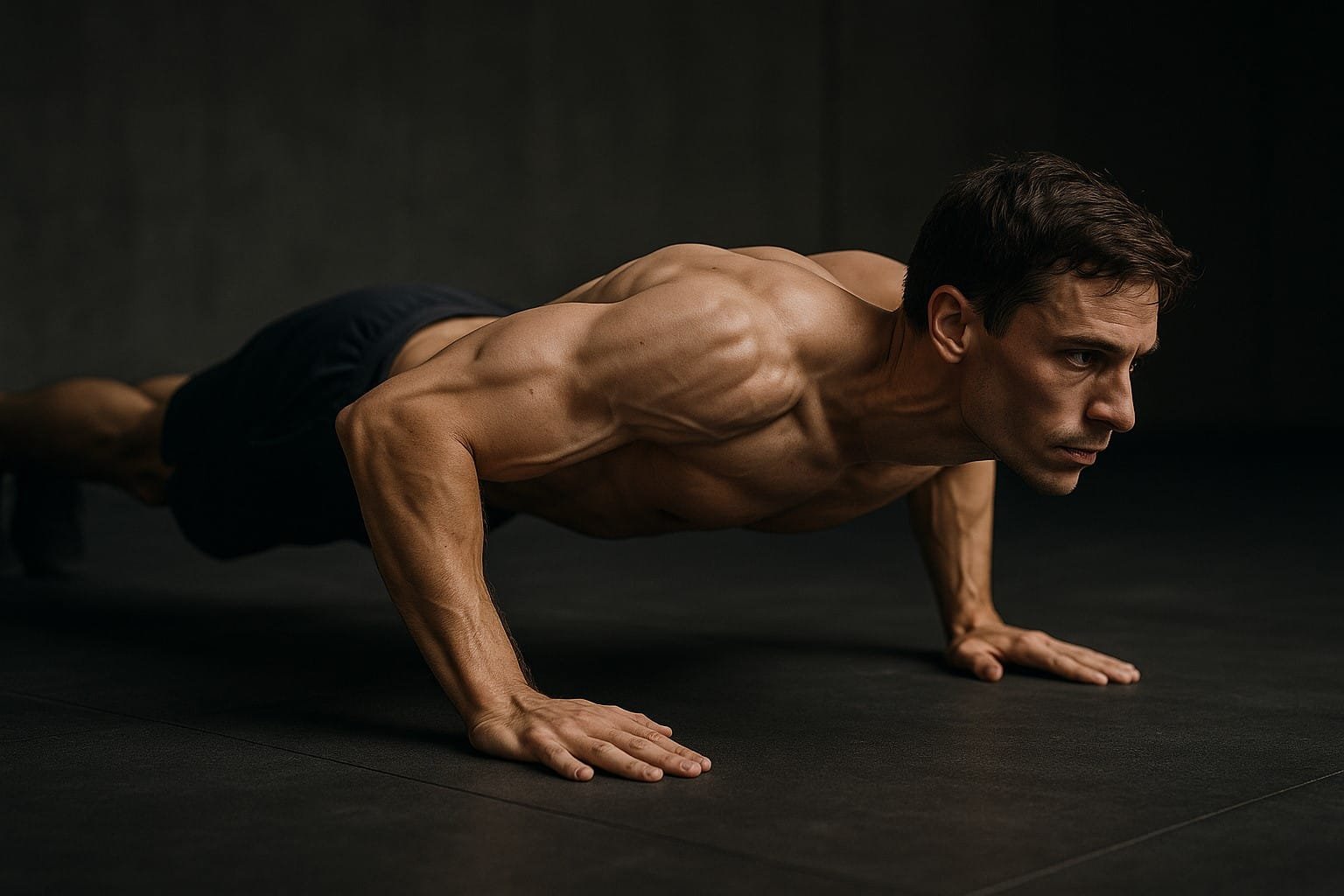 Muscular man demonstrating proper push-up technique with focused expression against dark background, showcasing upper body strength and fitness